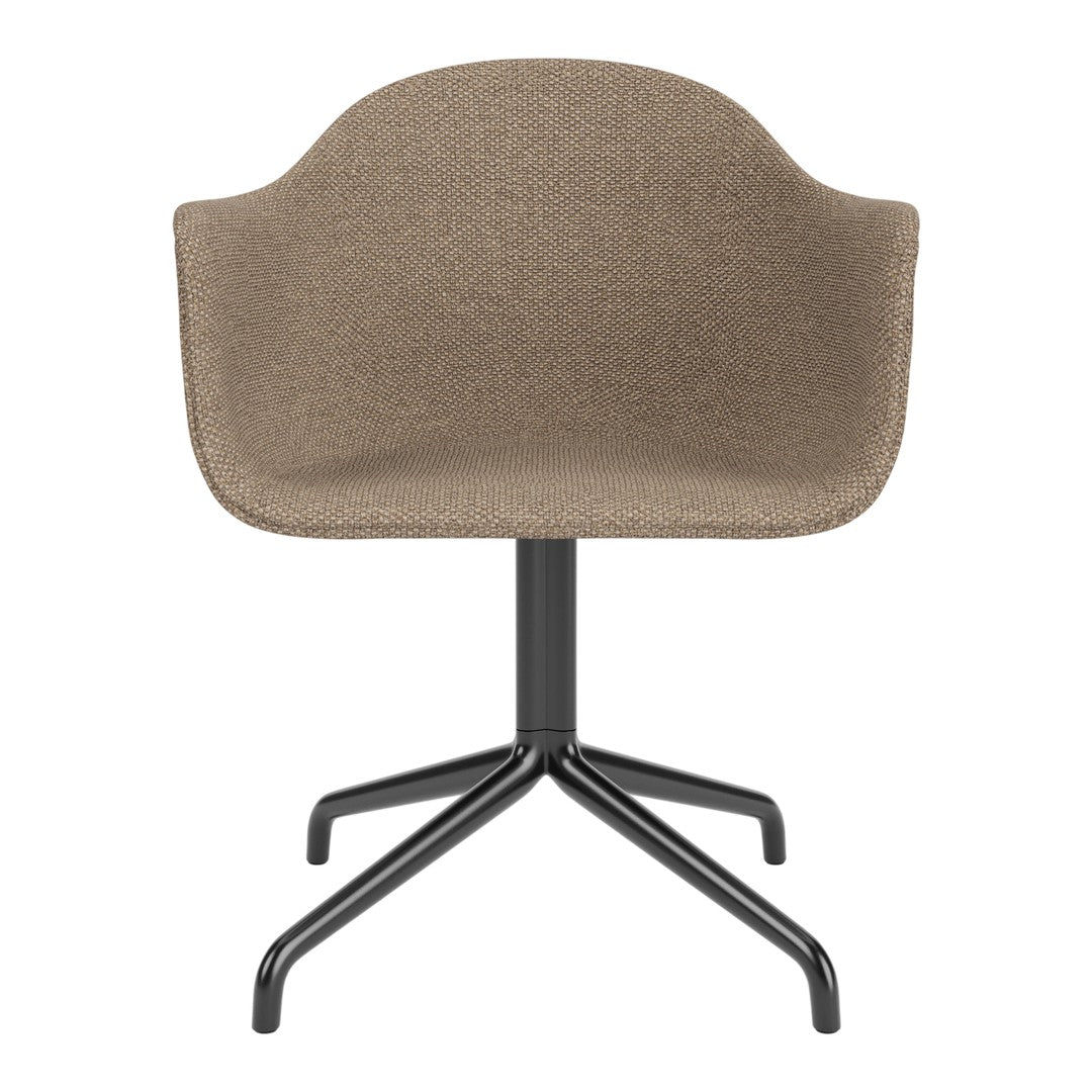 Brown textured upholstery on a modern chair with a sleek black metal base, perfect for contemporary decor.