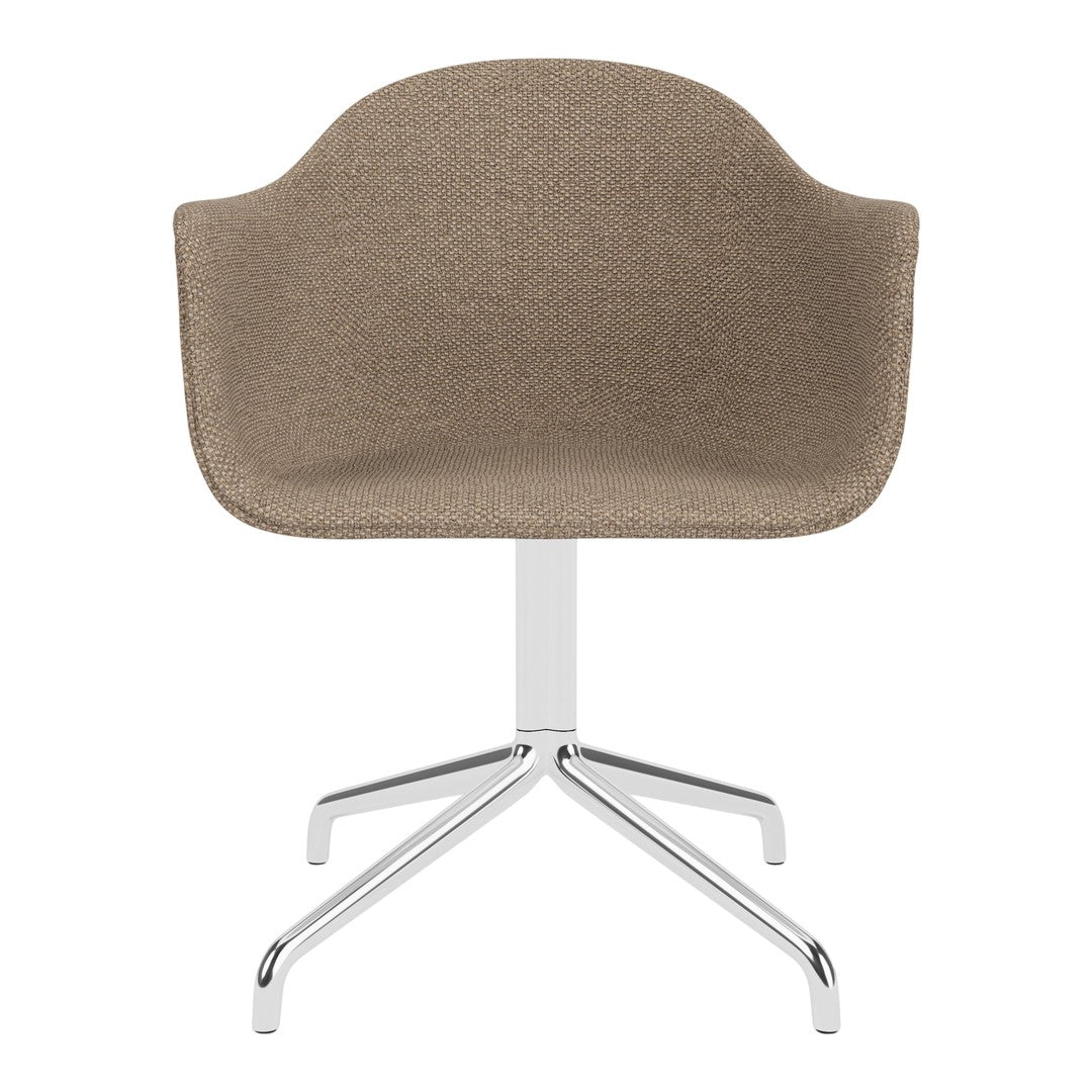 Light brown upholstered chair with a smooth texture and chrome base, featuring a sleek, minimalist design.