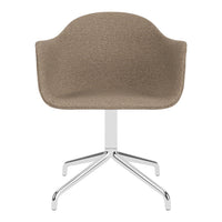 Light brown upholstered chair with a smooth texture and chrome base, featuring a sleek, minimalist design.