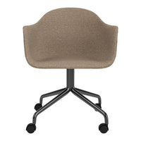 Beige upholstered chair with a textured finish, set on a sleek black wheeled base. Perfect for modern spaces.
