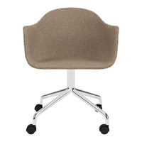Beige upholstered chair with a smooth texture and chrome base, featuring rolling wheels for mobility.