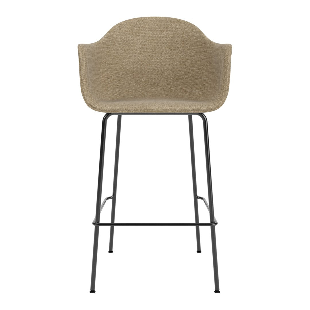Beige upholstered bar stool with a modern black metal frame and smooth, minimalist design. Perfect for contemporary decor.