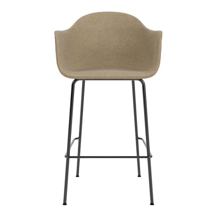 Beige upholstered bar stool with a modern black metal frame and smooth, minimalist design. Perfect for contemporary decor.