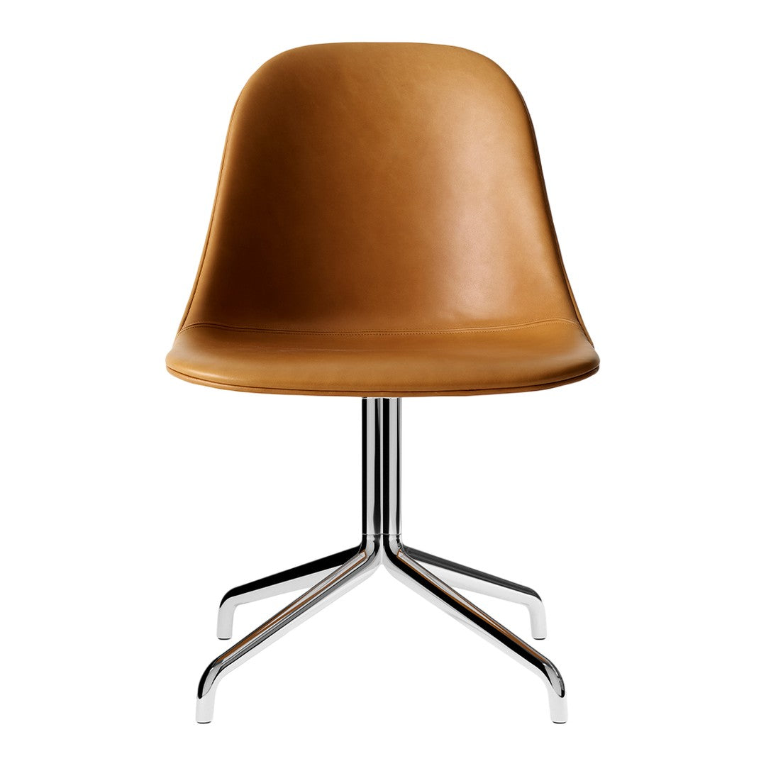 Brown leather chair with a smooth finish and a sleek chrome base, featuring a minimalist design.