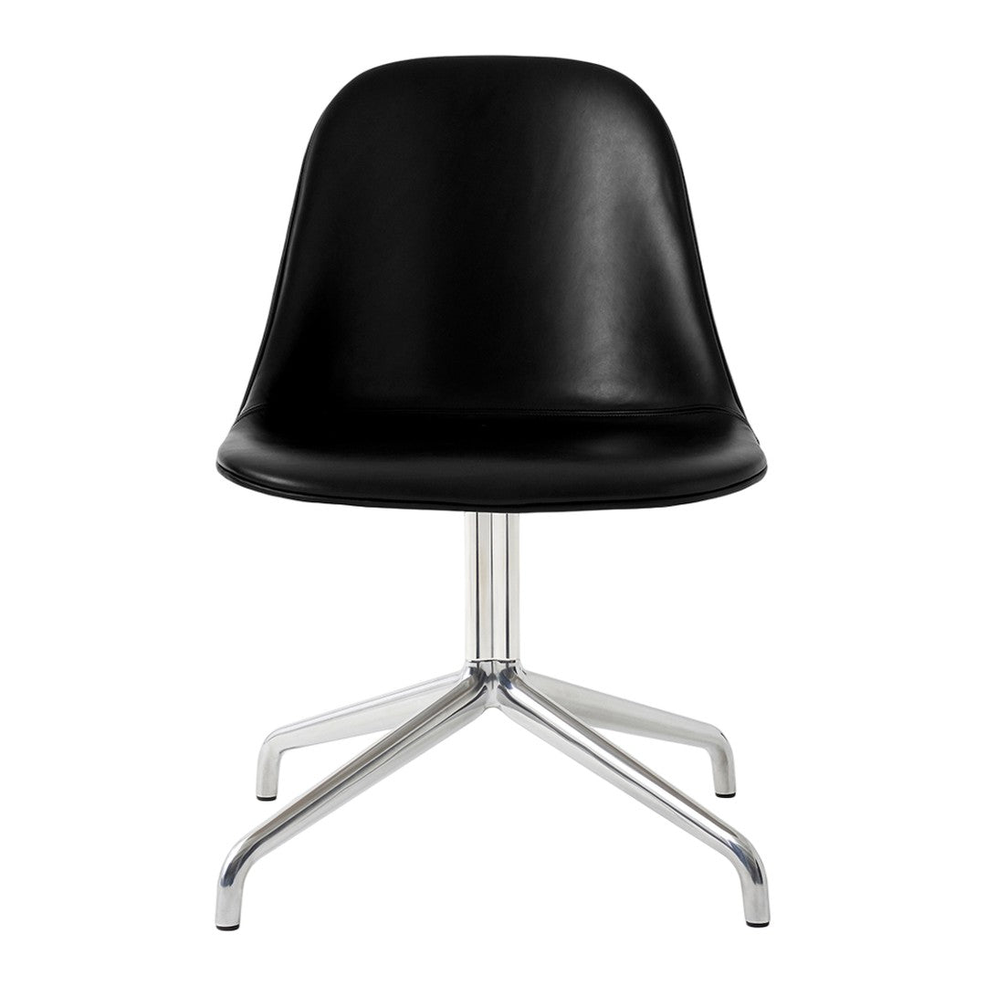 Black ergonomic chair with a smooth finish and shiny chrome base, featuring a minimalist design.