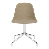 Beige upholstered chair with a minimalistic design and chrome base. Smooth texture and neutral tones.