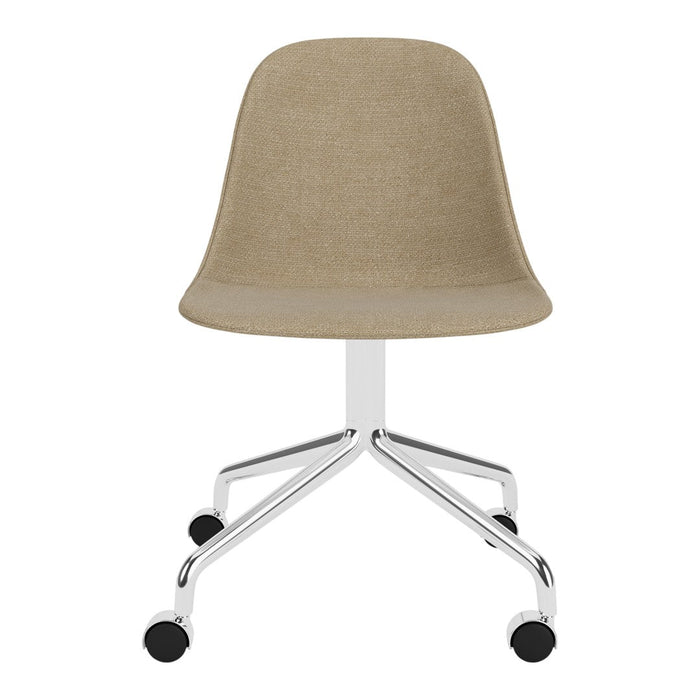 Beige upholstered chair with a smooth fabric finish and a sleek chrome base on rolling casters.