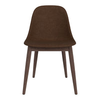 Brown upholstered chair with a smooth, minimalist design and wooden legs, perfect for modern interiors.