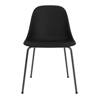 Black modern chair with a smooth finish and sleek black metal legs, perfect for minimalist decor.