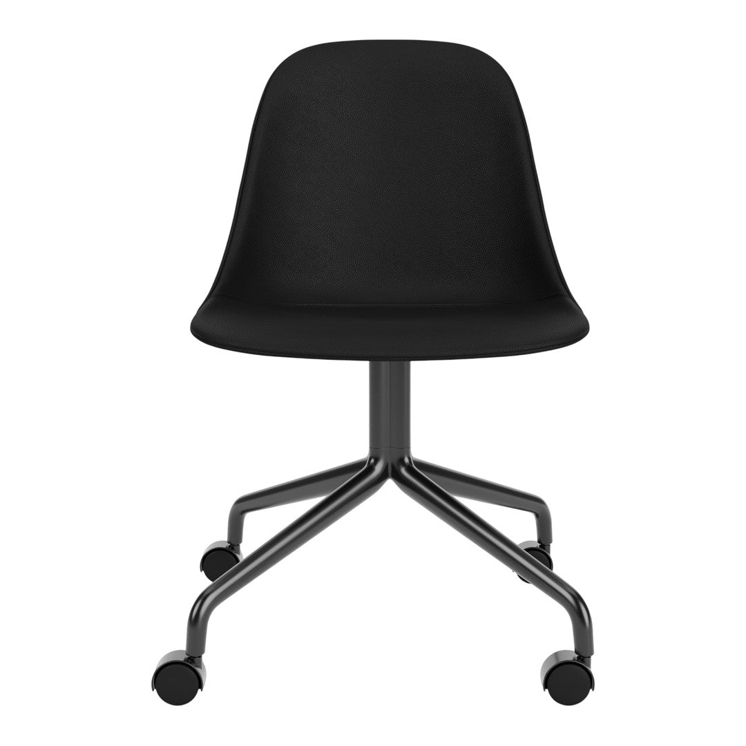 Modern black chair with a smooth, curved seat and sleek chrome base, perfect for contemporary office settings.