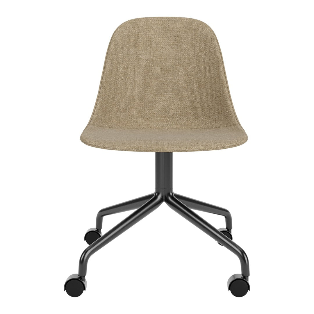 Beige upholstered chair with a simple, smooth texture and black metal wheels. Modern design for versatile use.