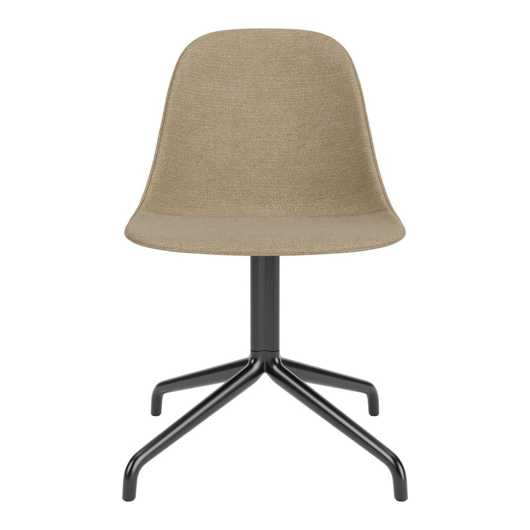 Beige upholstered chair with a smooth, modern design and sleek black metal base, perfect for stylish interiors.