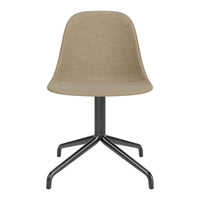 Beige upholstered chair with a smooth, modern design and sleek black metal base, perfect for stylish interiors.