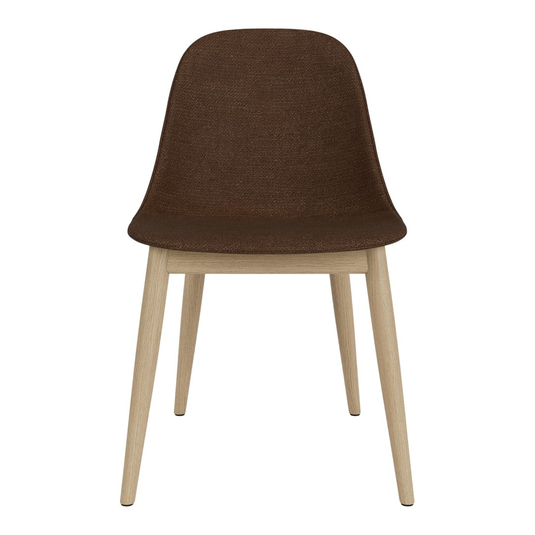 Brown upholstered chair with sleek design and light wooden legs, perfect for modern decor.