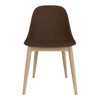 Brown upholstered chair with sleek design and light wooden legs, perfect for modern decor.
