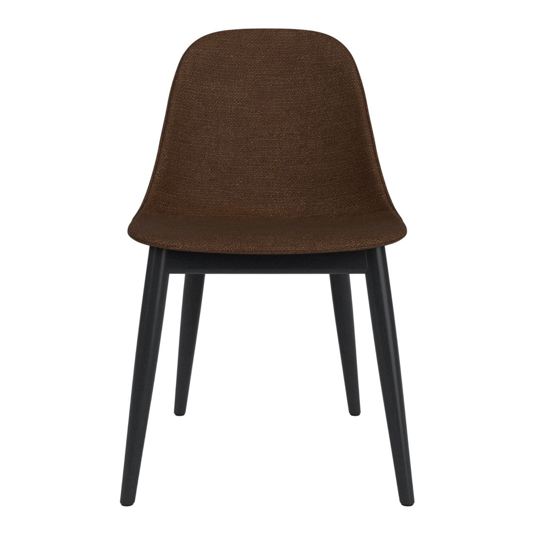 Brown upholstered chair with a sleek black wooden frame, featuring a minimalist design. Ideal for modern decor.