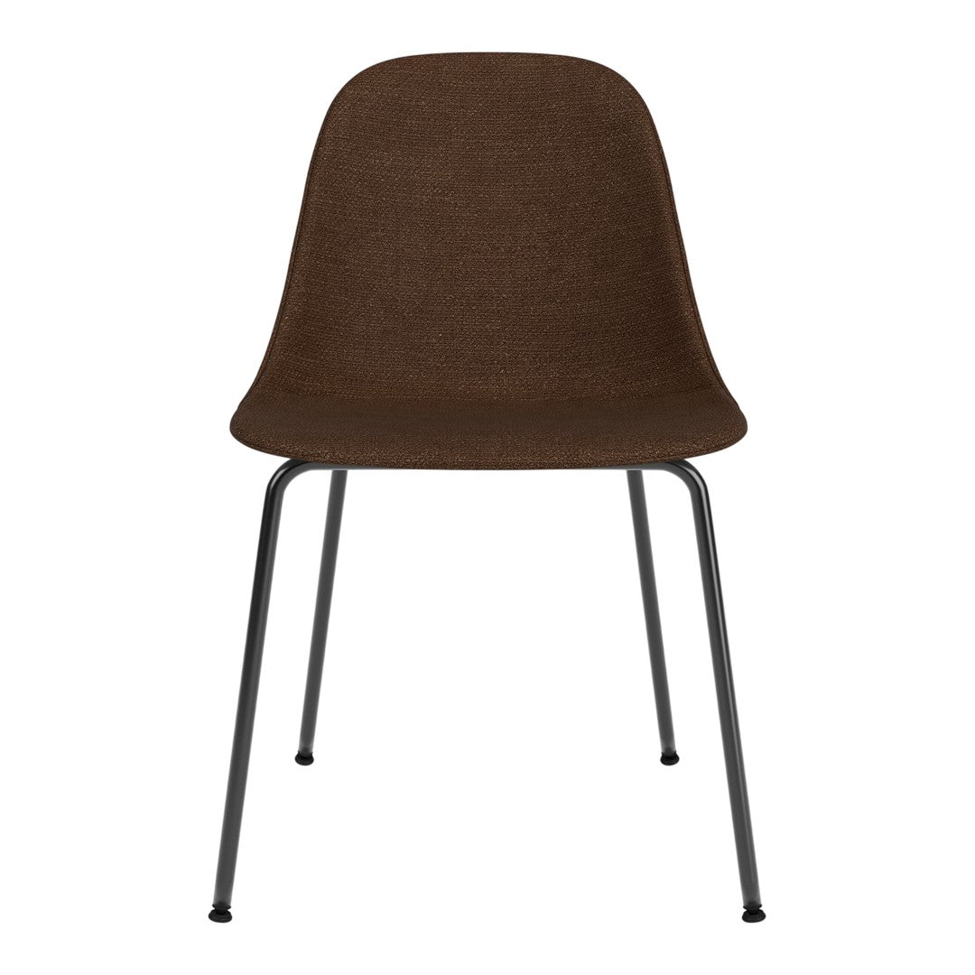 Brown fabric chair with a smooth texture and minimalist design, supported by sleek black metal legs.