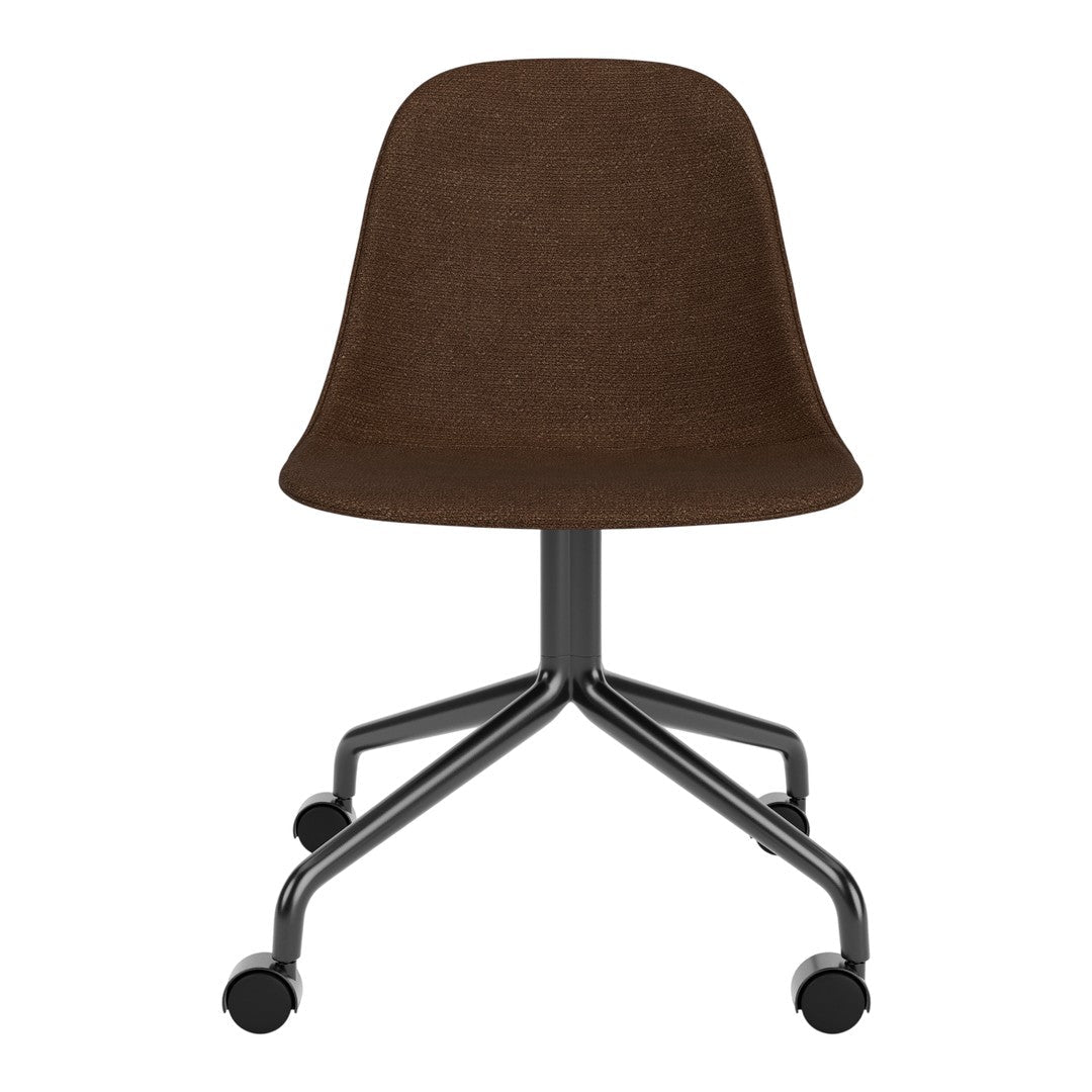 Brown upholstered chair with a smooth, minimalist design and a black metal base. Perfect for modern office decor.