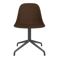 Brown fabric chair with a sleek black metal base, featuring a minimalist design and smooth, curved lines.