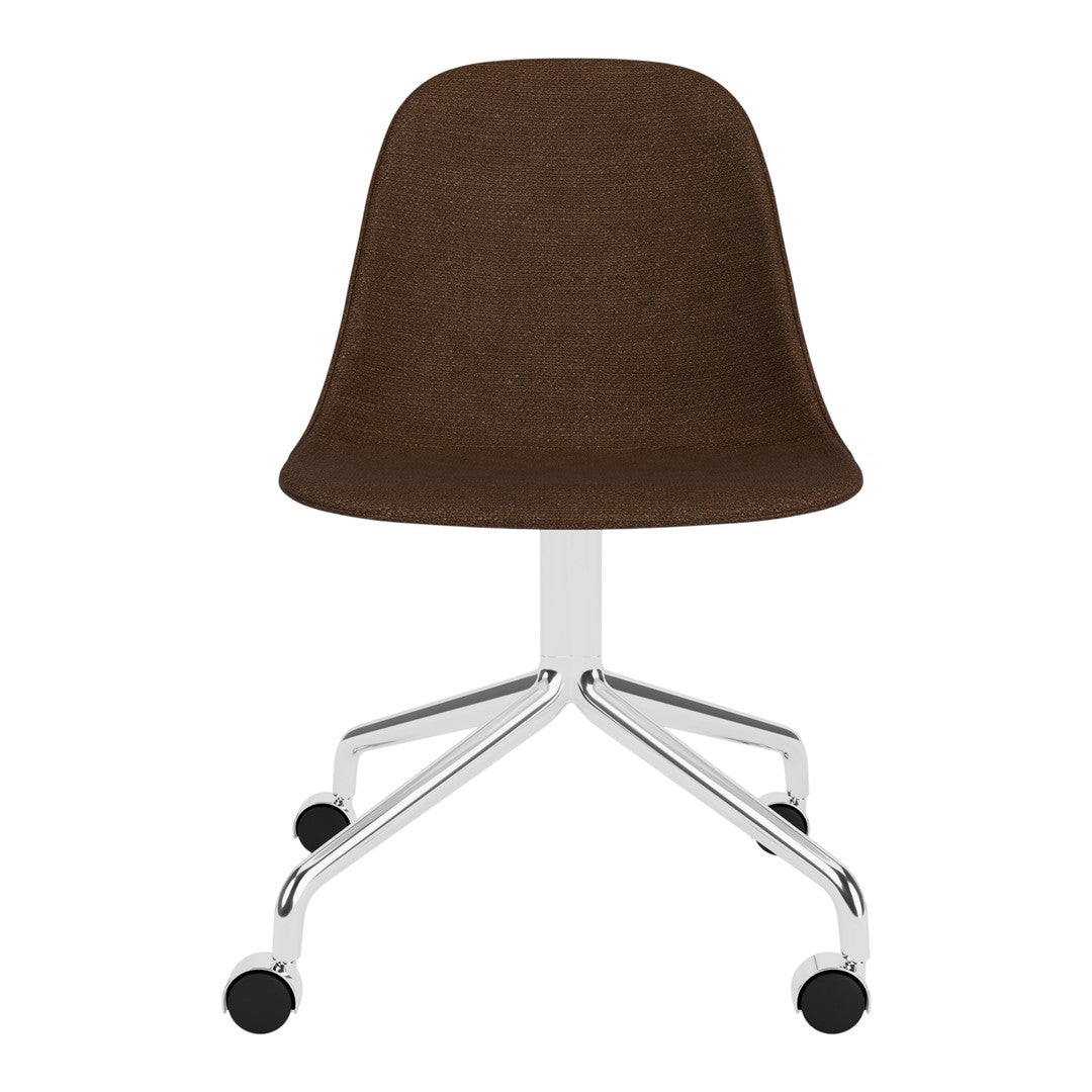 Brown upholstered chair with a sleek chrome base and rolling wheels, blending modern elegance with comfort.