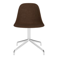 Brown upholstered chair with a smooth, minimalist design and a sleek chrome base. Perfect for modern decor.