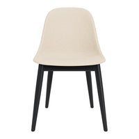 Beige plastic chair with sleek black wooden legs, featuring a minimalist design. Perfect for modern spaces.