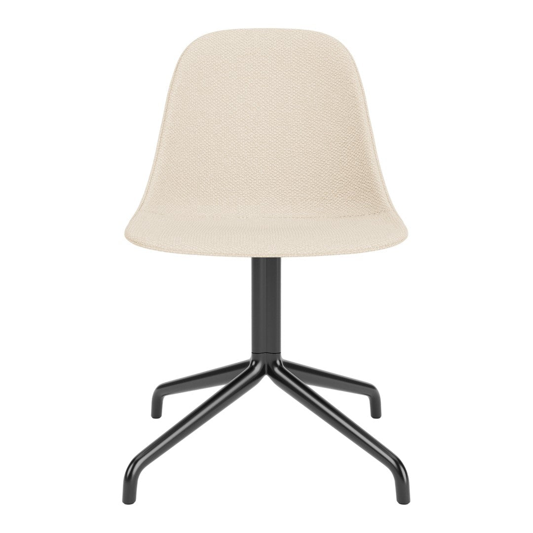 Beige upholstered chair with a smooth texture and a sleek black metal base, offering a modern aesthetic.