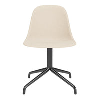 Beige upholstered chair with a smooth texture and a sleek black metal base, offering a modern aesthetic.