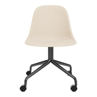 Beige upholstered chair on a black wheeled base, featuring a sleek, modern design and smooth curves.