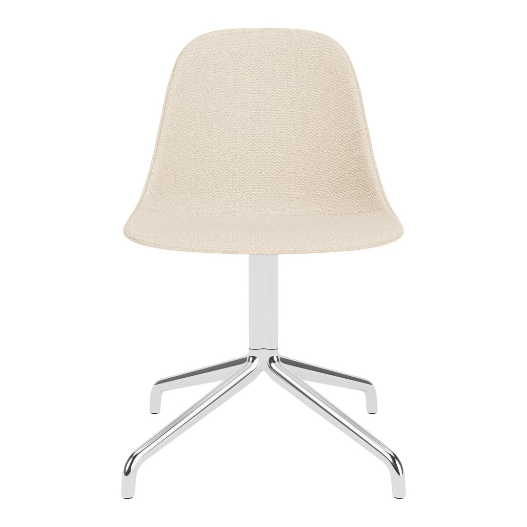 Beige shell chair with a smooth texture, supported by a sleek chrome base. Modern and minimalistic design.