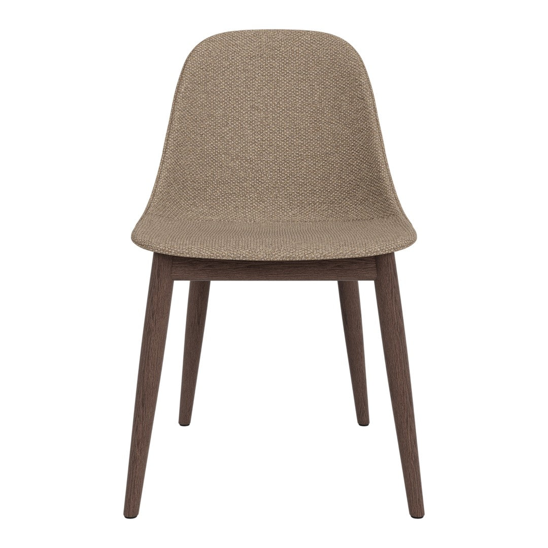 Brown fabric dining chair with a sleek, minimalist design and dark wooden legs. Perfect for modern decor.