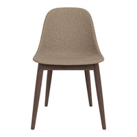Brown fabric dining chair with a sleek, minimalist design and dark wooden legs. Perfect for modern decor.