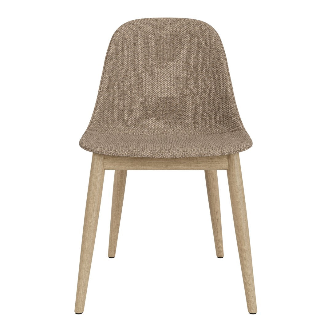 Sleek brown upholstered chair with a smooth texture and natural wood legs, perfect for modern decor.