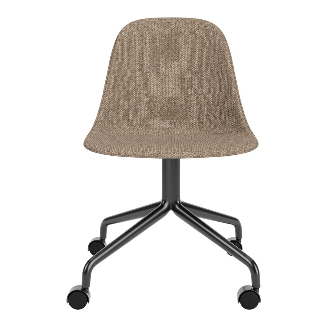 "Brown fabric chair with a sleek black base and five caster wheels, featuring a minimalist design."