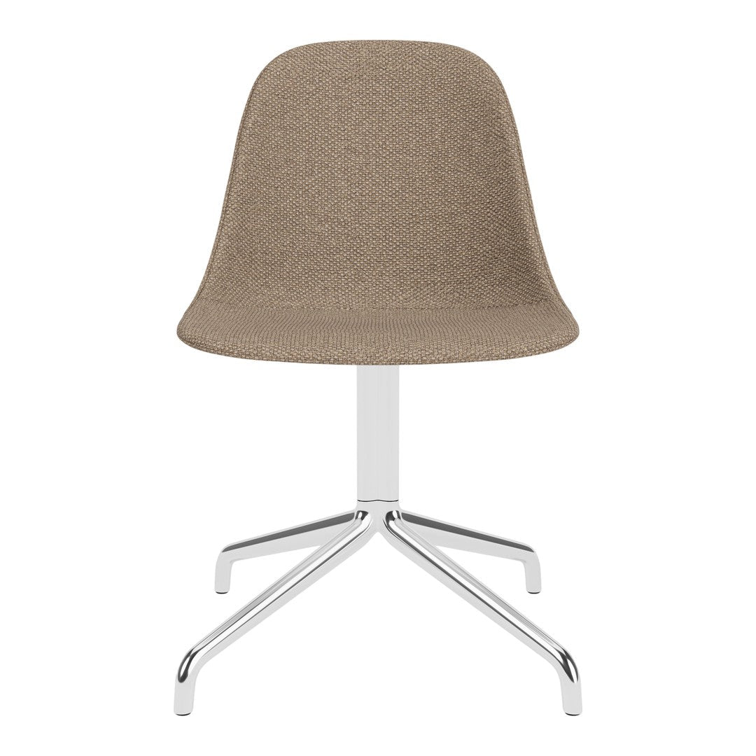 Brown upholstered chair with a smooth texture and chrome base, featuring a minimalist design and modern silhouette.