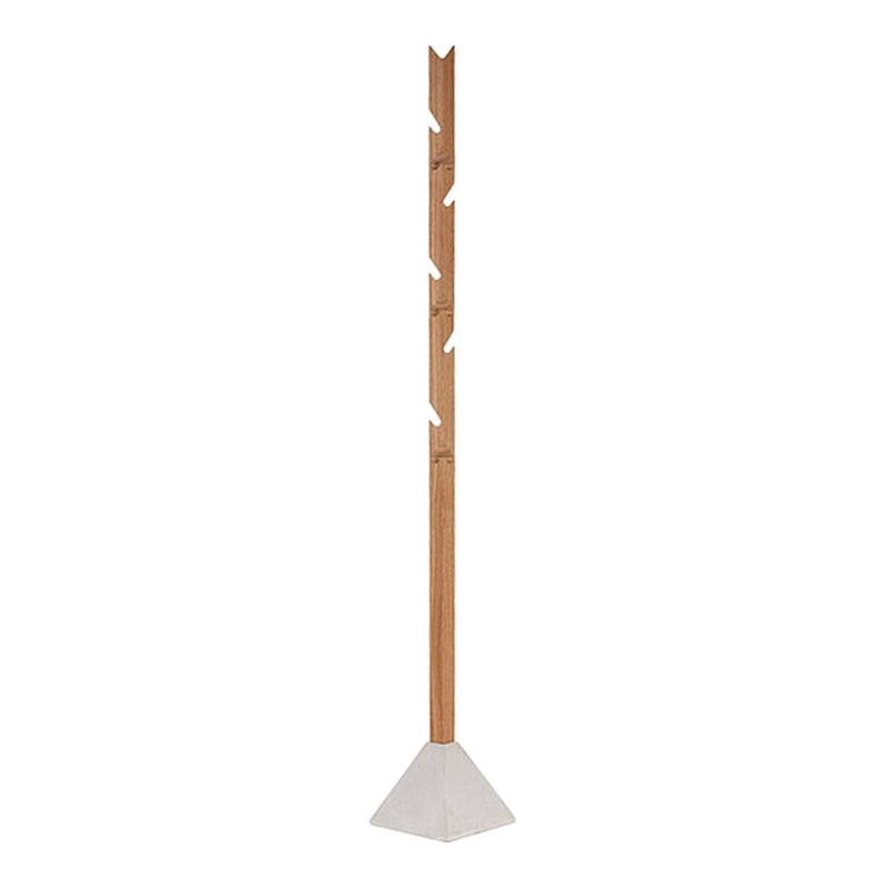 Wooden coat rack with a natural wood finish and a minimalist white cement base. Sleek and modern design.