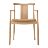 Natural wood chair with a light oak finish and a textured tan woven seat. Simple, modern design with clean lines.