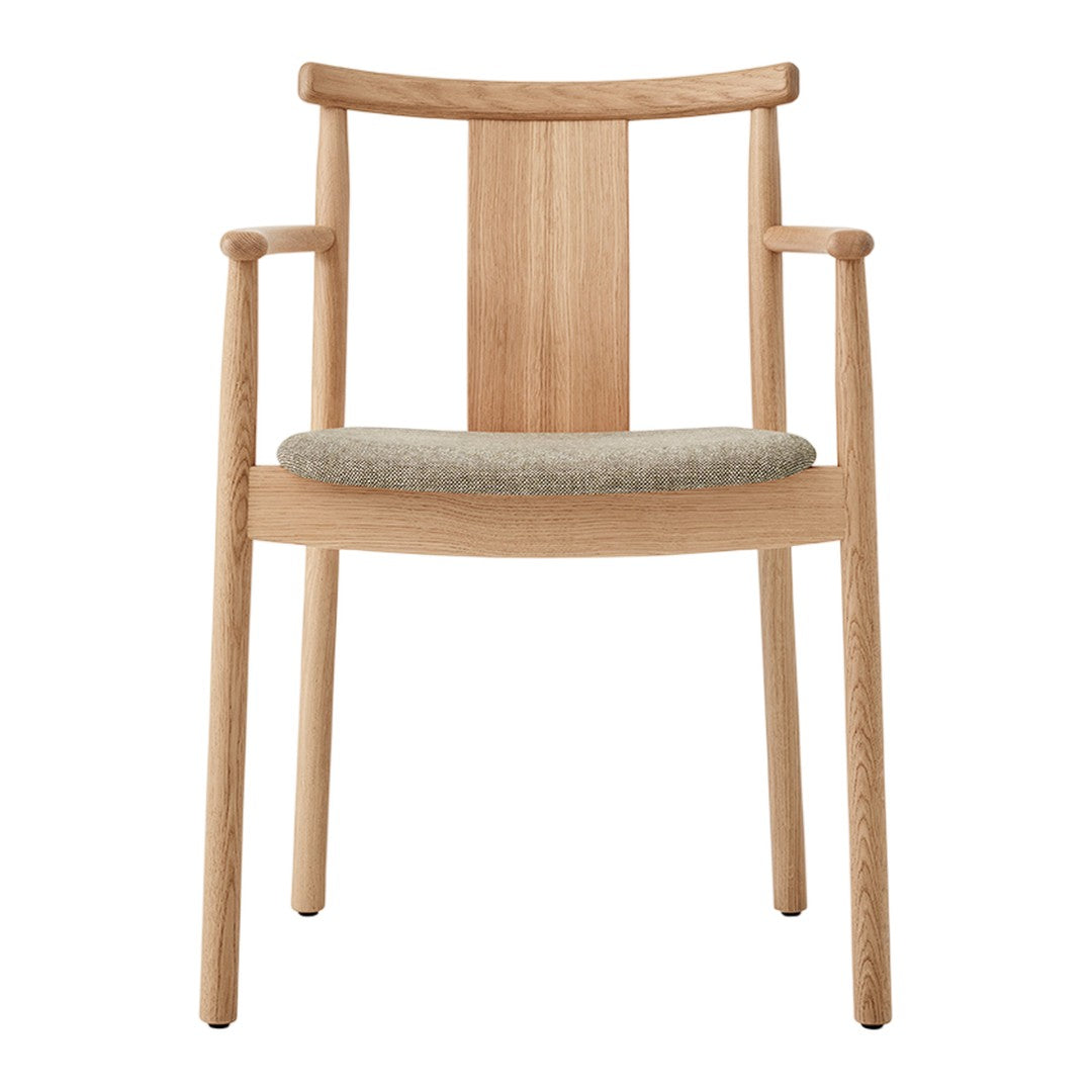 Natural wood chair with a light oak finish and neutral beige seat cushion, featuring a simple, modern design.