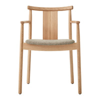 Natural wood chair with a light oak finish and neutral beige seat cushion, featuring a simple, modern design.