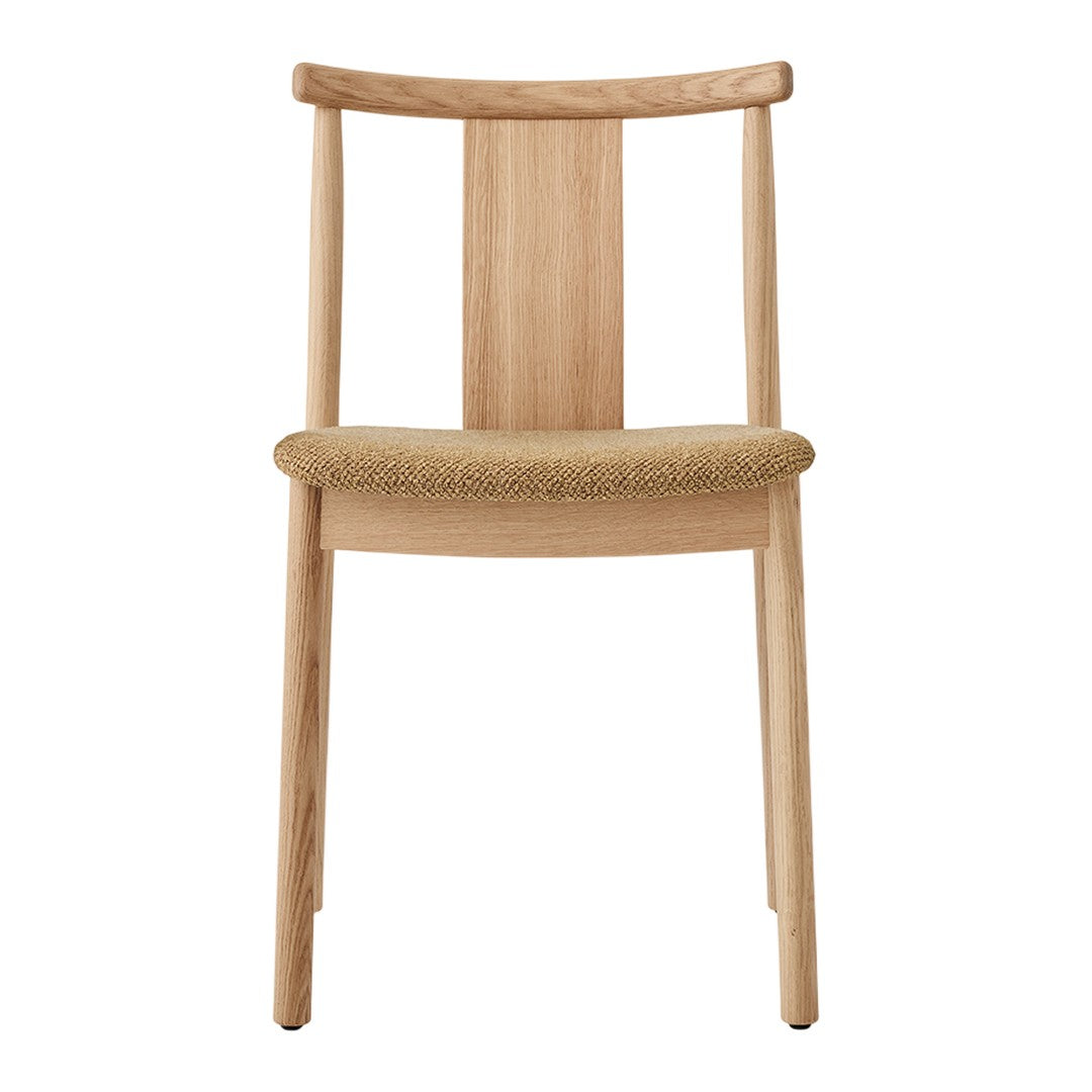 Natural wood chair with a smooth finish and a textured beige seat for a modern, minimalist aesthetic.