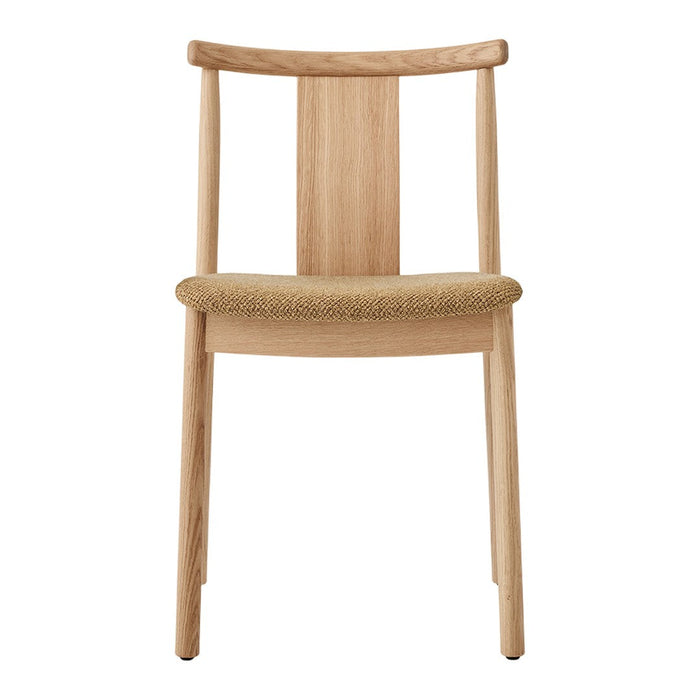 Natural wood chair with a smooth finish and a textured beige seat for a modern, minimalist aesthetic.