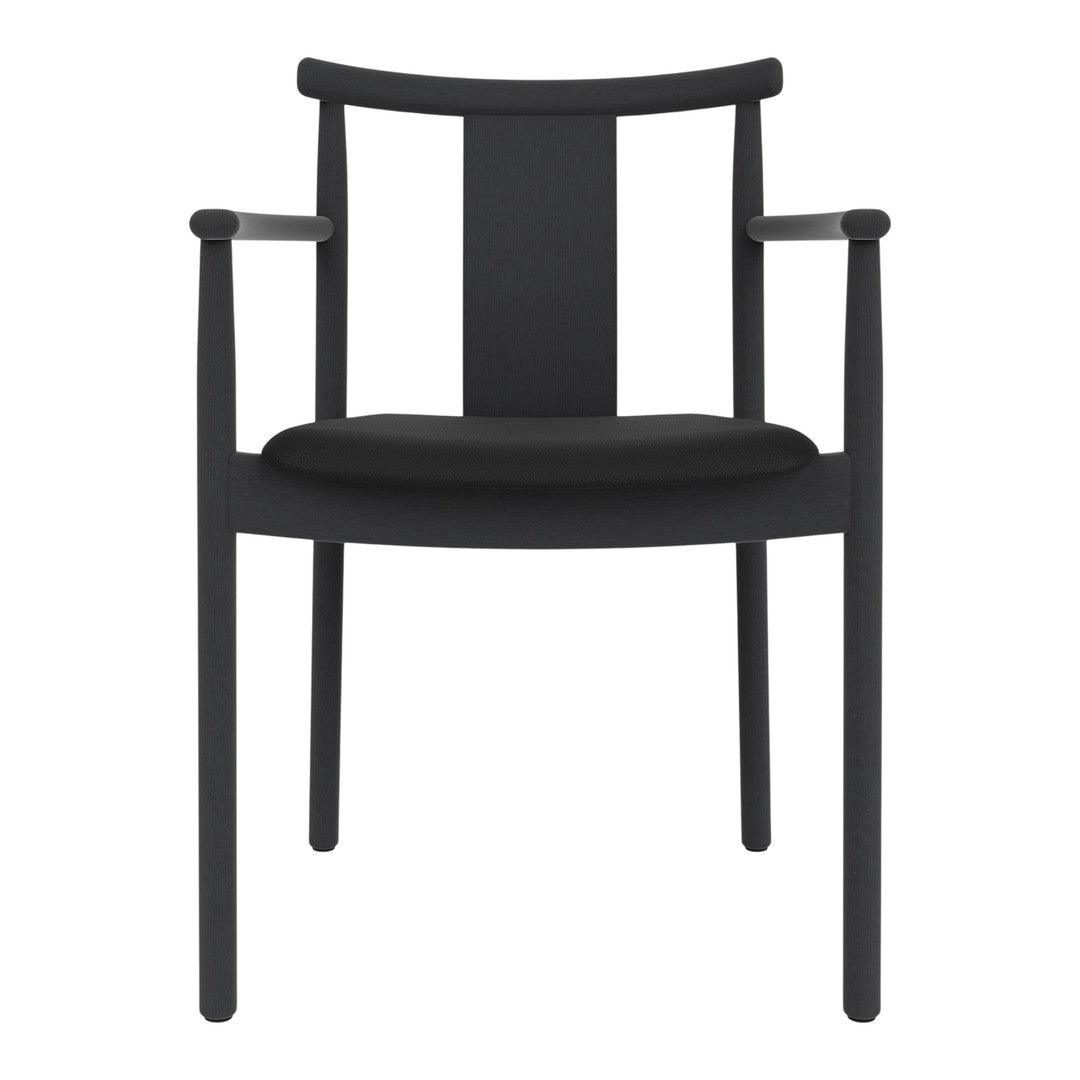 Black chair with minimalist design, featuring a solid black seat and backrest with simple armrests.