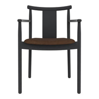 Black wooden chair with a minimalist design and a rich brown cushion, perfect for modern interiors.