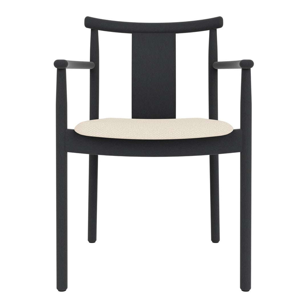 Black wooden chair with a cream cushion, featuring a simple and modern design. Ideal for contemporary decor.