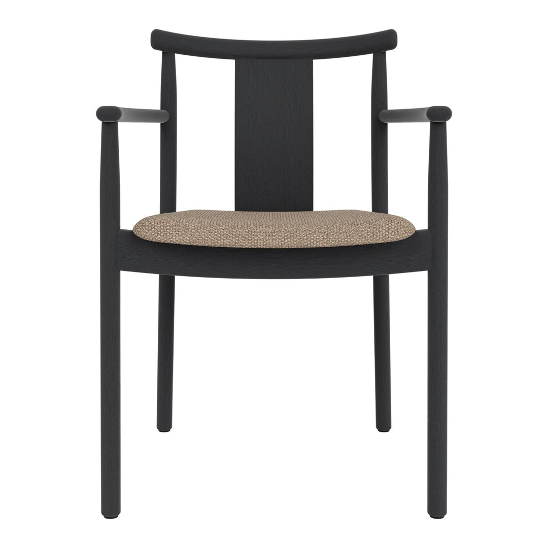 Black wooden chair with a natural burlap seat, featuring a minimalist design and clean lines. Ideal for modern decor.
