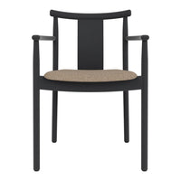 Black wooden chair with a natural burlap seat, featuring a minimalist design and clean lines. Ideal for modern decor.