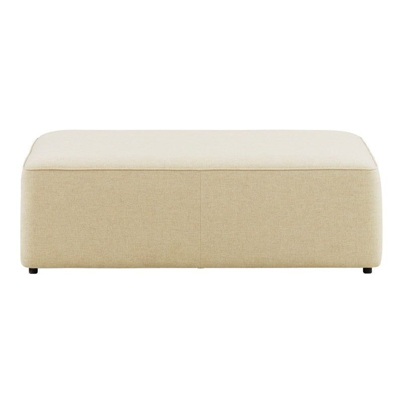Beige upholstered ottoman with a smooth, cream top, featuring a minimalist design and no visible patterns.