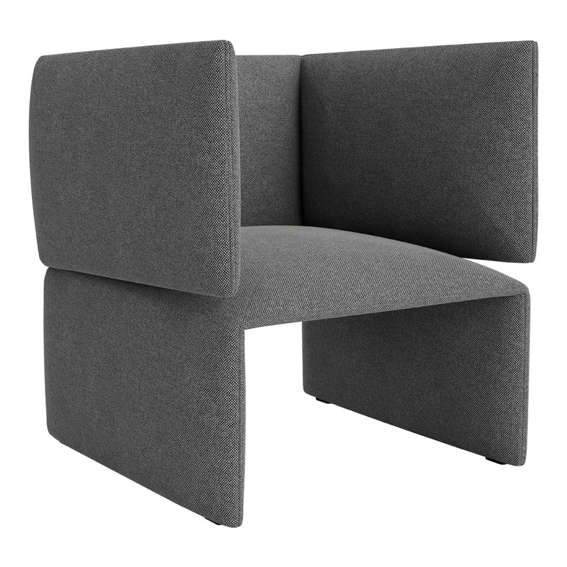 Gray upholstered accent chair with a modern, geometric design and clean lines. Perfect for contemporary spaces.