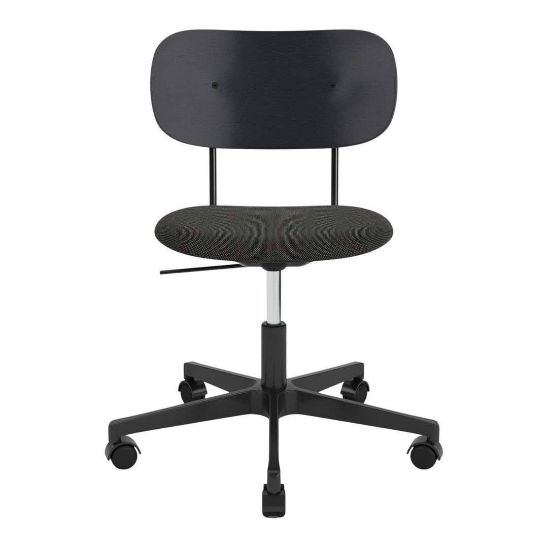 Black ergonomic office chair with a minimalistic design featuring a patterned seat and smooth wheels.