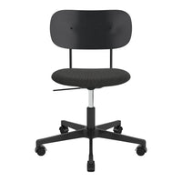 Black ergonomic office chair with a minimalistic design featuring a patterned seat and smooth wheels.